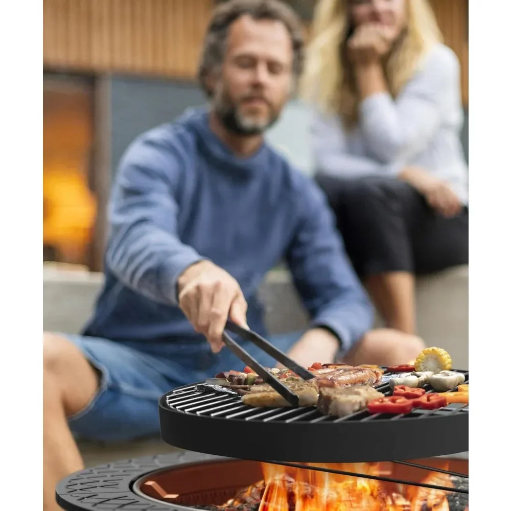 43 Inch Fire Pit with BBQ Grill, for Outside with Lid & Poker, Extra Large Heavy Duty Firepits,Wood Burning Fire Pits