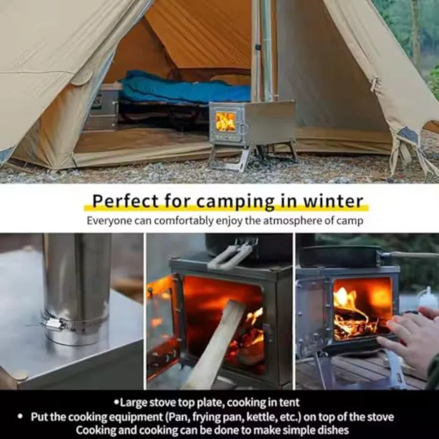 Portable WoodBurning Stove for Camping with Backpack and 8.6 ft Chimney Pipe; Lightweight and Foldable for Tent Hunting Ice Fis