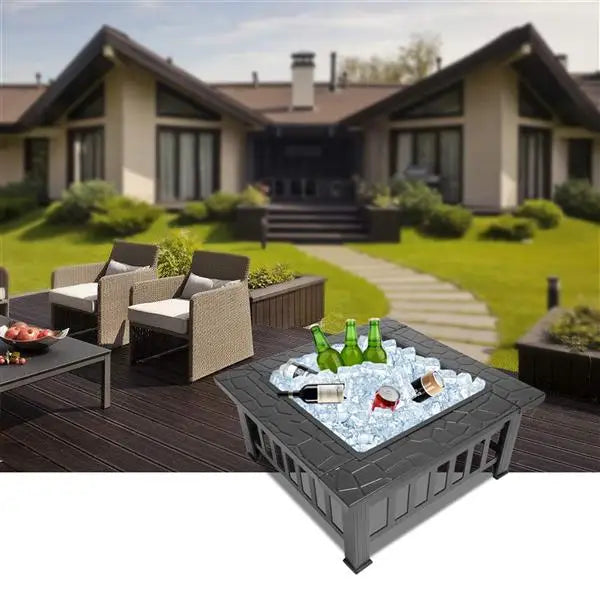 Multifunctional Fire Pit Table 32in Square Metal Firepit Stove Backyard Patio Garden Fireplace for Camping, Outdoor Heating