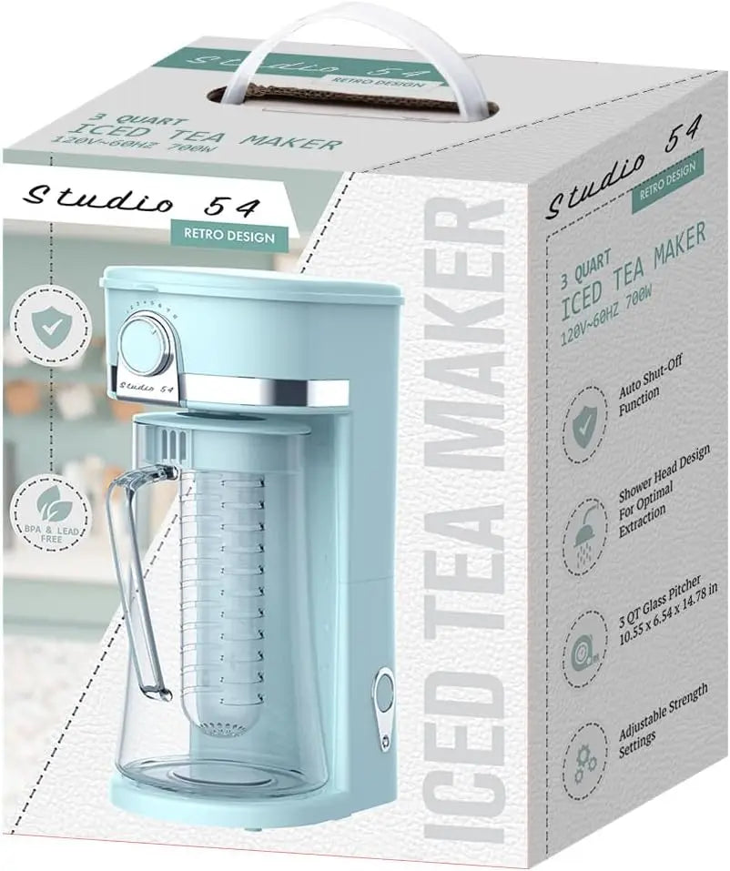 Retro 3QT Glass Iced Tea Maker with Infuser, Electric Cold Brew Brewer for Iced Coffee, Lattes, Sweet Tea & Fruit Infusions