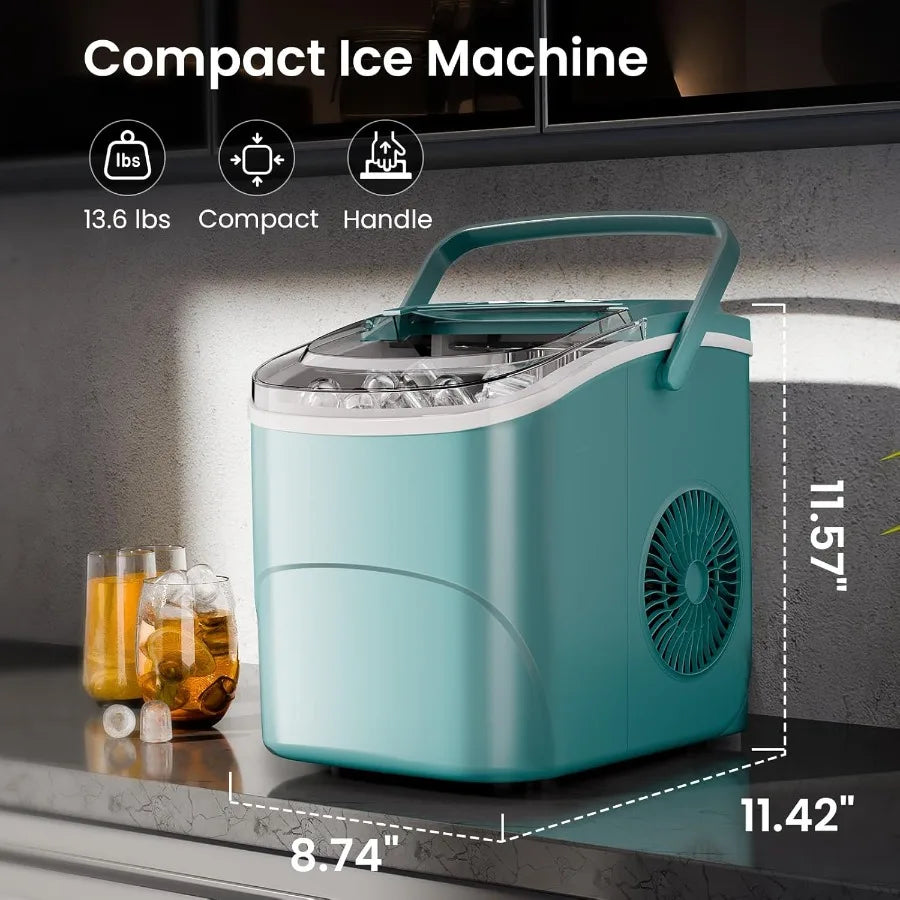 Portable countertop ice maker with handle producing 26.5 lbs of ice in 24 hours creating 9 bulletshaped ice cubes in just 6 min
