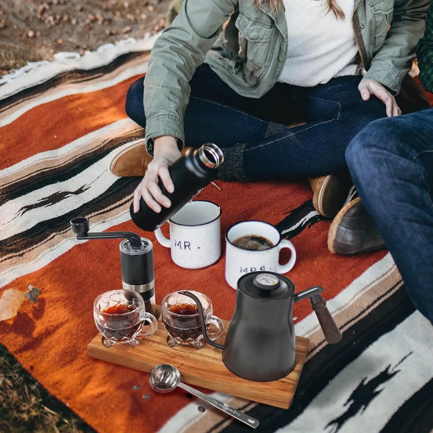 Portable Coffee Maker Set Tea Set And Tray; Manual Grinder; Stainless Steel Scoop & 2 Glass Cups and Wooden Tray