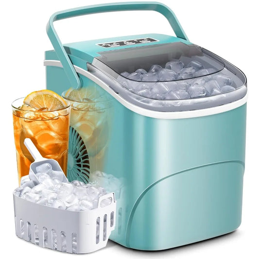 Portable countertop ice maker with handle producing 26.5 lbs of ice in 24 hours creating 9 bulletshaped ice cubes in just 6 min